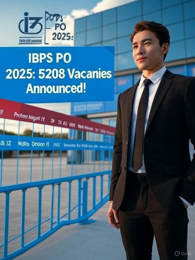 IBPS PO 2025 Recruitment Announcement with 5208 Vacancies, featuring a modern bank building and a confident professional.”